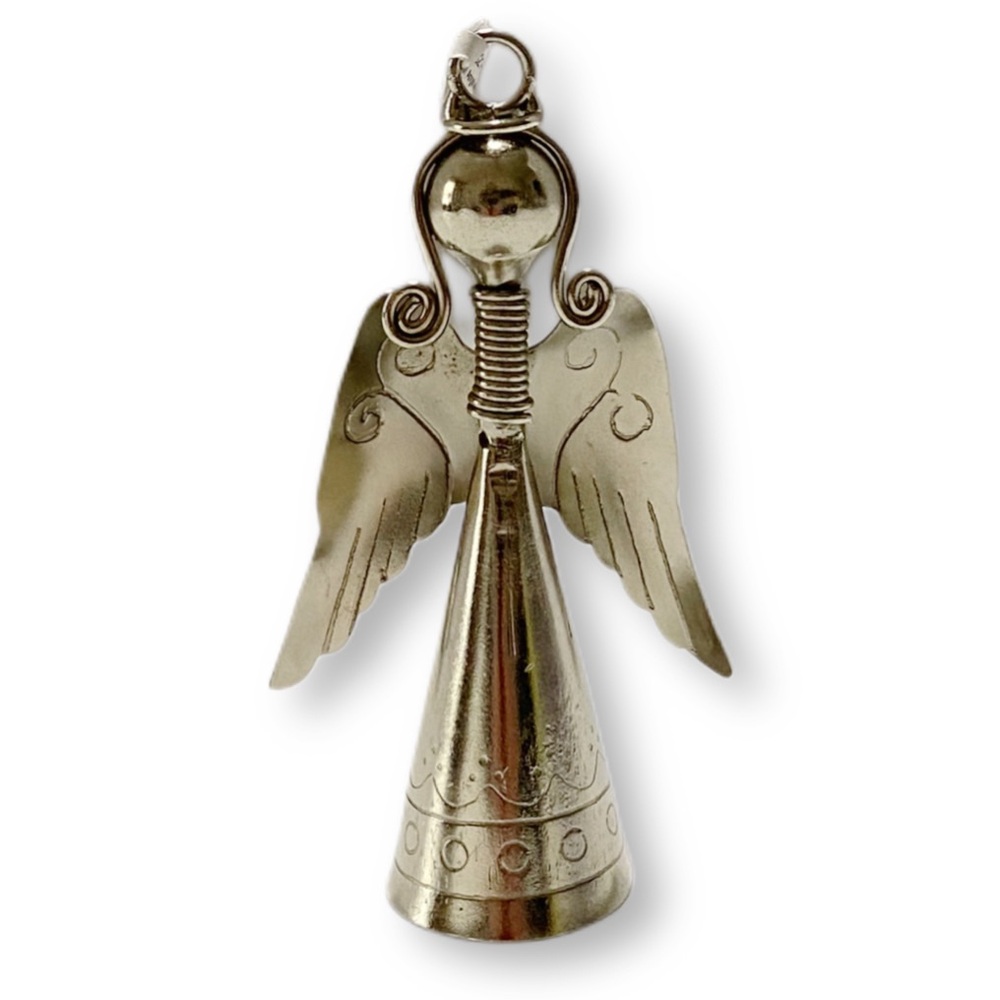 Crate&Barrel,  90s Vintage Silver Angel With Bell Ornament, Item No 521-551, 4"